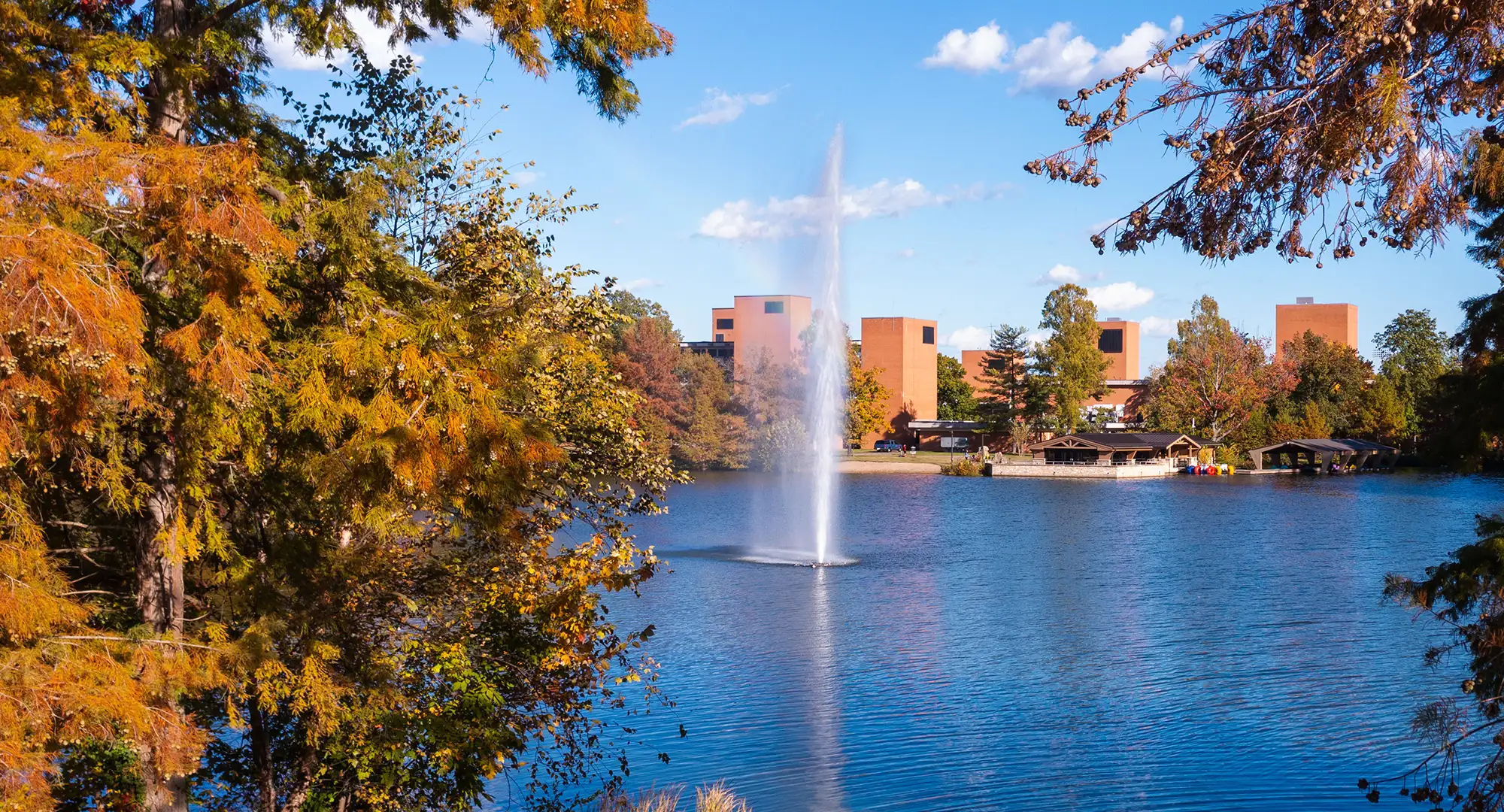 campus lake surrounded by trees with campus in the background