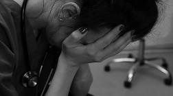 Nurse covering her face with her hands