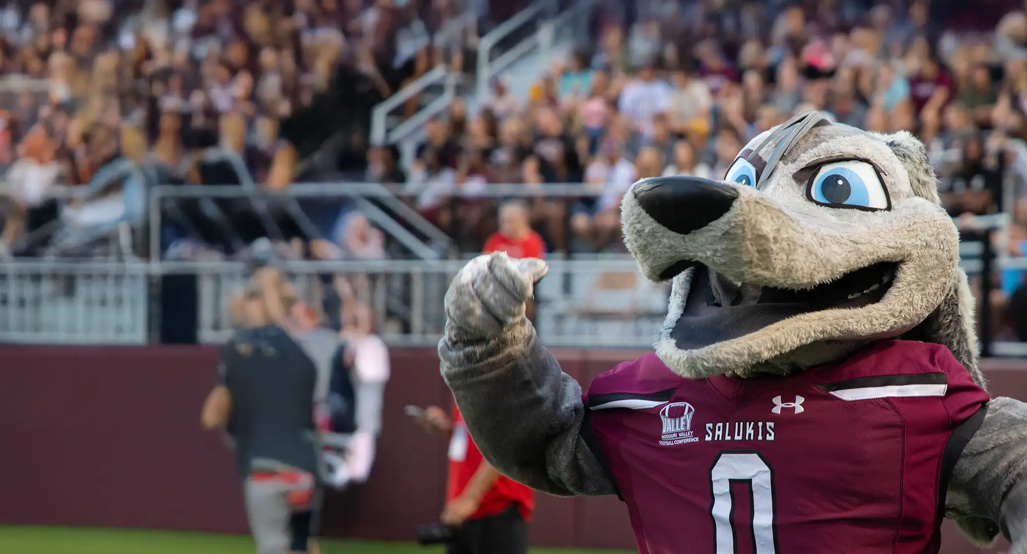 SIU’s mascot Grey Dawg pumping up the crowd at a football game.