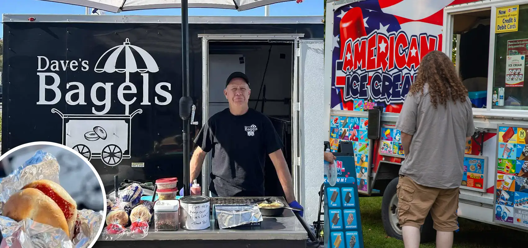 Two food trucks parked side by side, one serving bagels and the other serving ice cream, with vendors assisting customers outdoors.