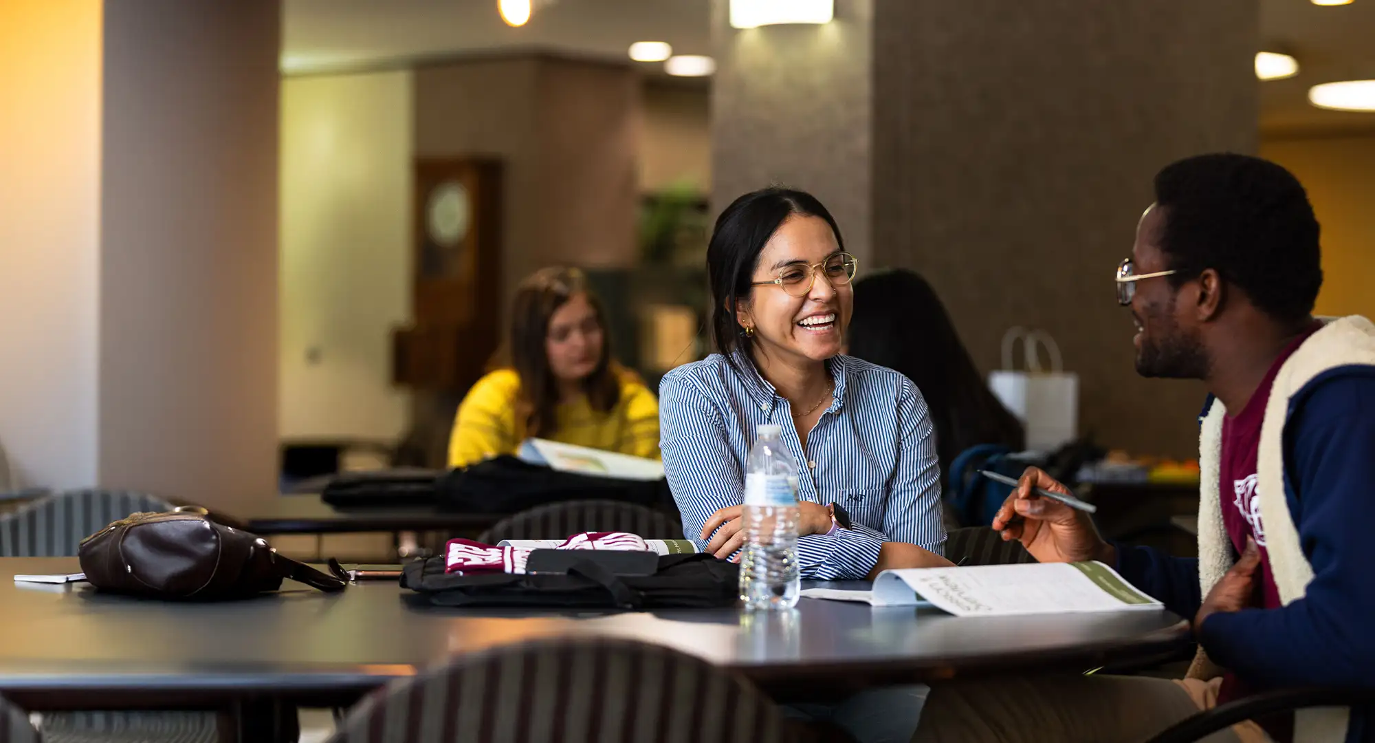 Students collaborating and sharing a laugh while studying together in a common space at Southern Illinois University.