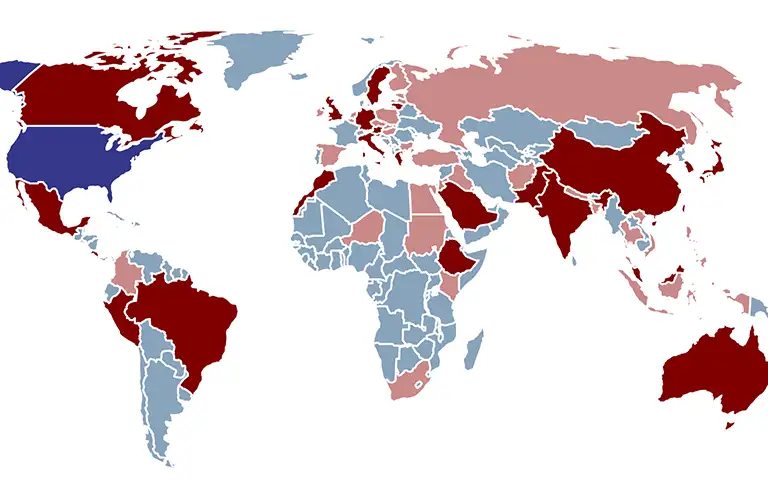 World map highlighting countries represented by international students at Southern Illinois University.